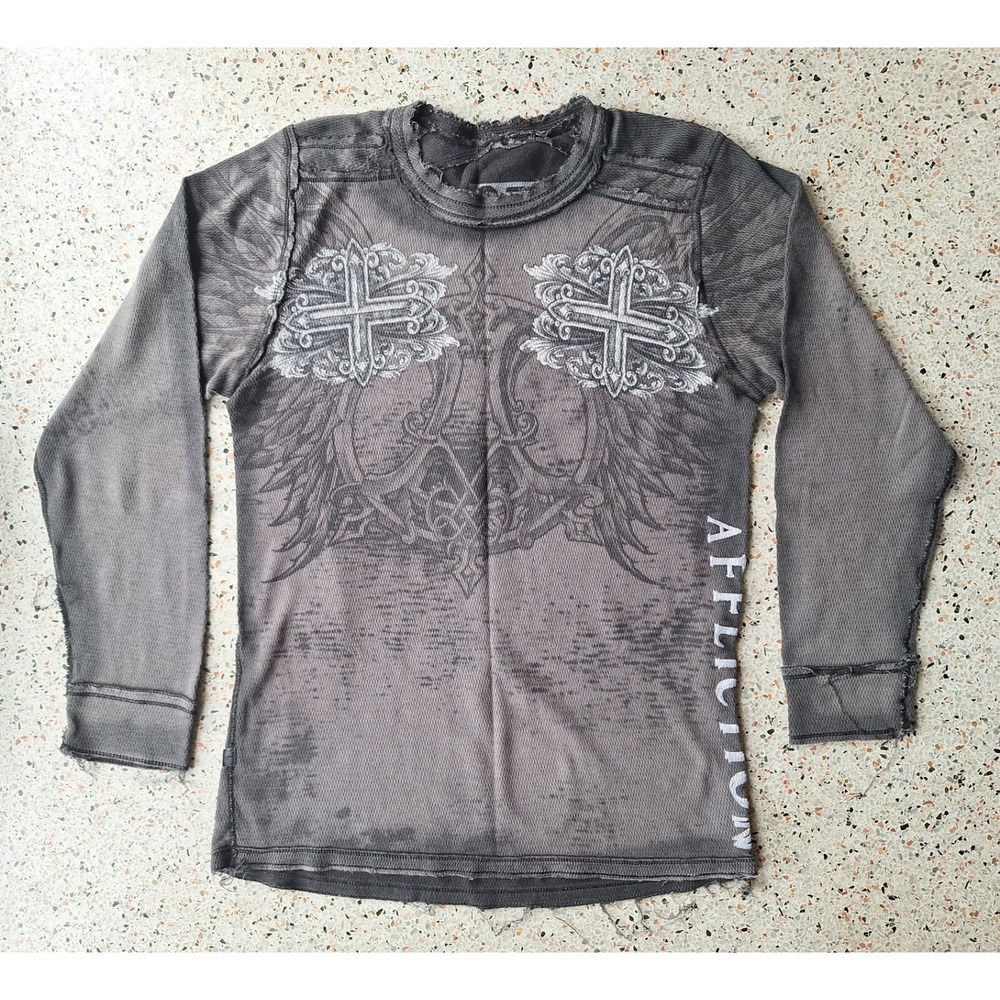 Affliction Big Cross Wings Skull Y2K Grunge Reversible Thermal Longsleeve‎ Shirt